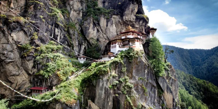 Taktsang Monastery (Tiger's Nest) on a cliff face above the Paro valley