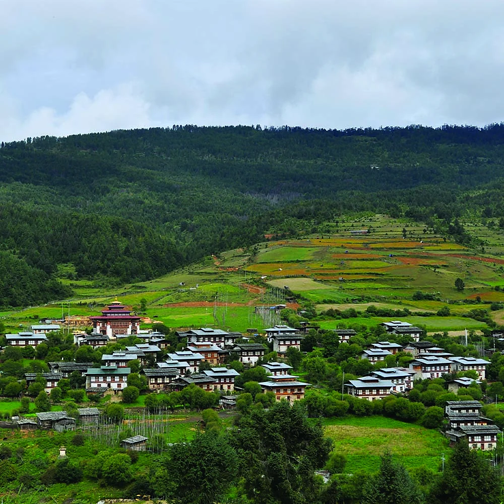 Village of traditional Bhutanese houses and fields in Bumthang